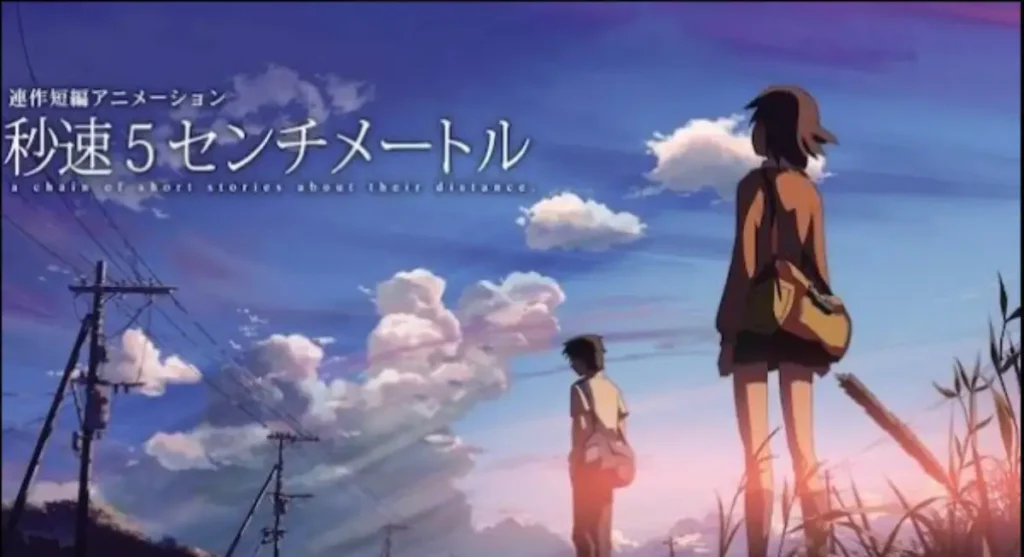 A boy and girl stand apart under a glowing twilight sky in 5 Centimeters per Second, symbolizing distance and longing.