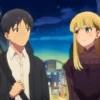 chirou Kuga and Shiori Goshiki walking together at night, sharing a warm smile in A Galaxy Next Door.