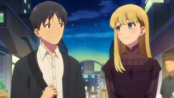 chirou Kuga and Shiori Goshiki walking together at night, sharing a warm smile in A Galaxy Next Door.