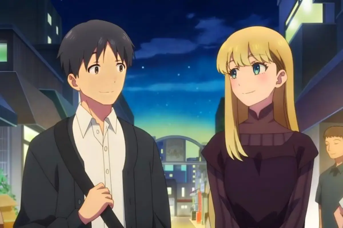 chirou Kuga and Shiori Goshiki walking together at night, sharing a warm smile in A Galaxy Next Door.