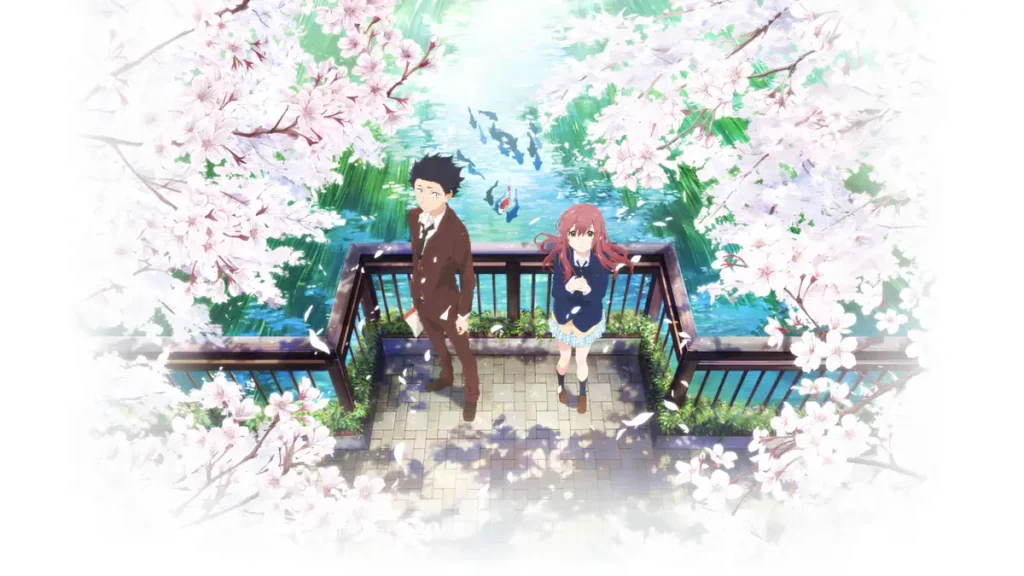 Shoya and Shoko standing under cherry blossoms near a river bridge.