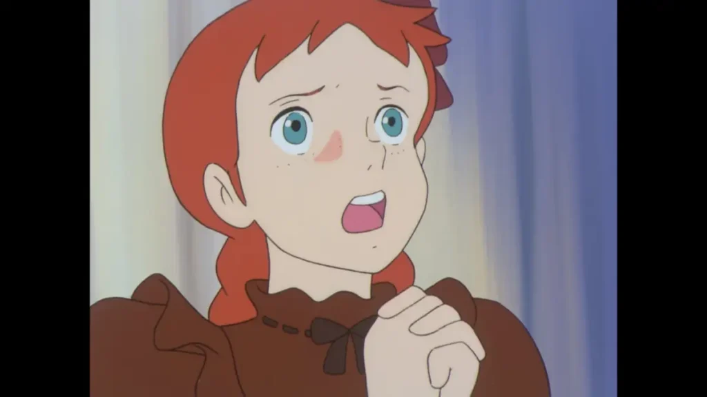 Anne Shirley with red hair and freckles, looking emotional with clasped hands.