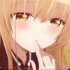 Mahiru Shiina with golden eyes and soft blush, looking thoughtful.