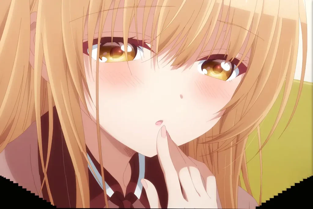 Mahiru Shiina with golden eyes and soft blush, looking thoughtful.