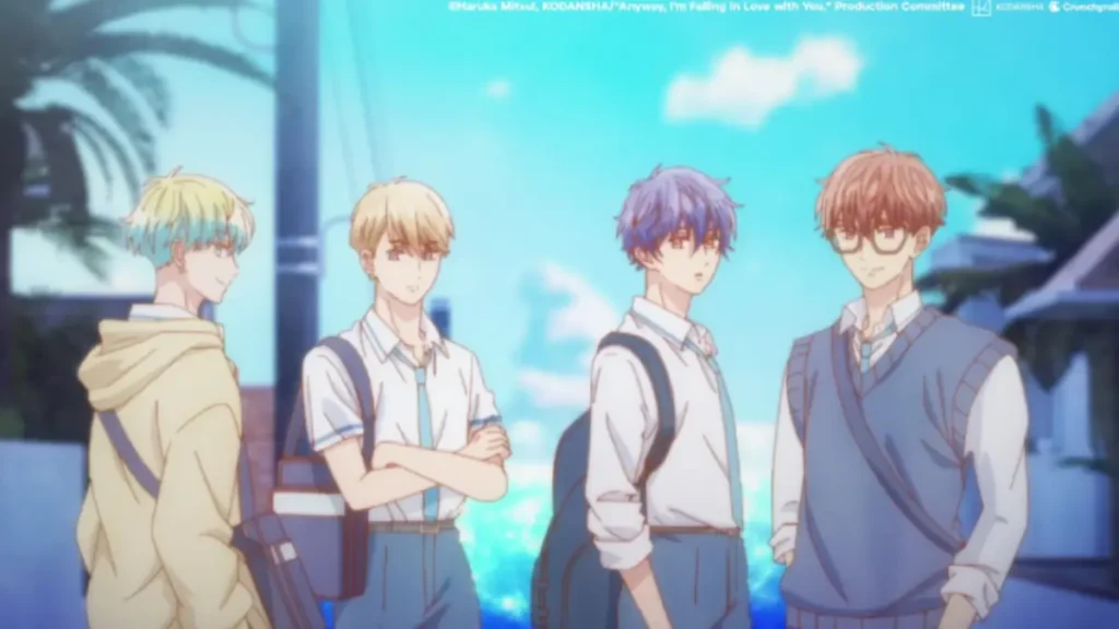 Group of four high school boys walking under bright blue sky, looking stylish.