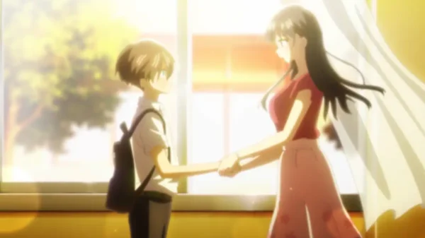 Anna Yamada and Kyotaro Ichikawa hold hands by the classroom window as the sunset glows warmly.