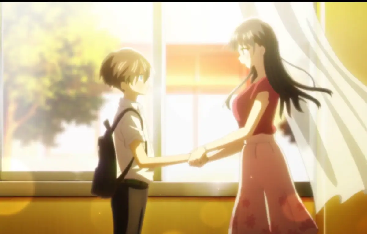 Anna Yamada and Kyotaro Ichikawa hold hands by the classroom window as the sunset glows warmly.