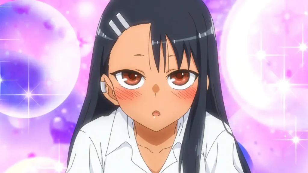 Nagatoro blushing heavily with sparkles in the background.