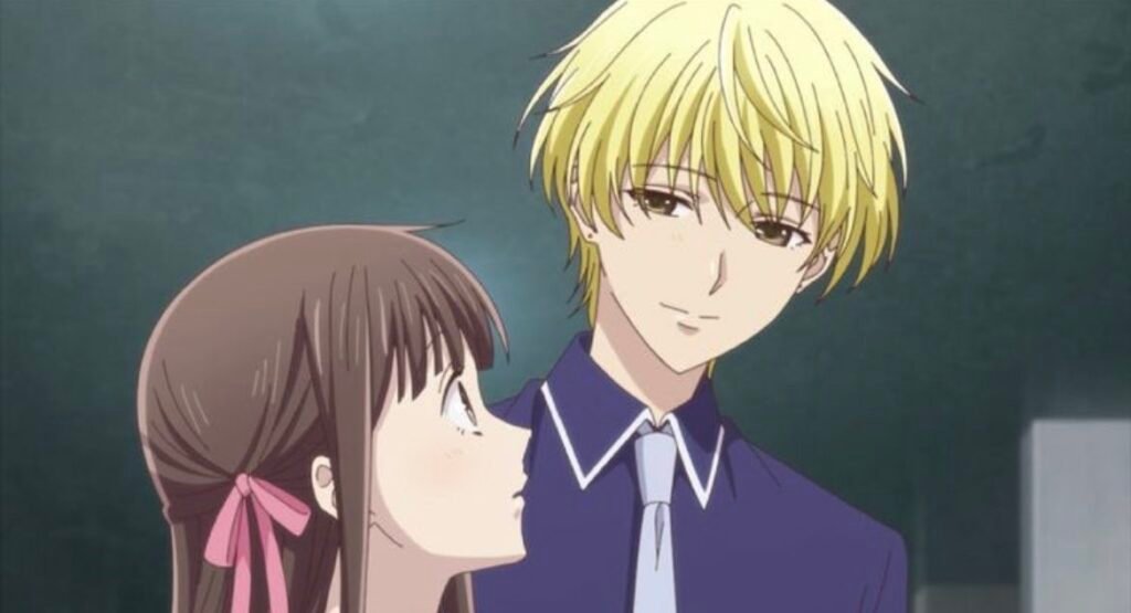 Tohru Honda looking up at Yuki Sohma with a gentle expression.