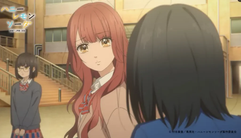 Red-haired girl in school uniform glancing back with a soft smile, courtyard in background.