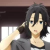 zumi Miyamura with long black hair and blue eyes, looking surprised while scratching his head.