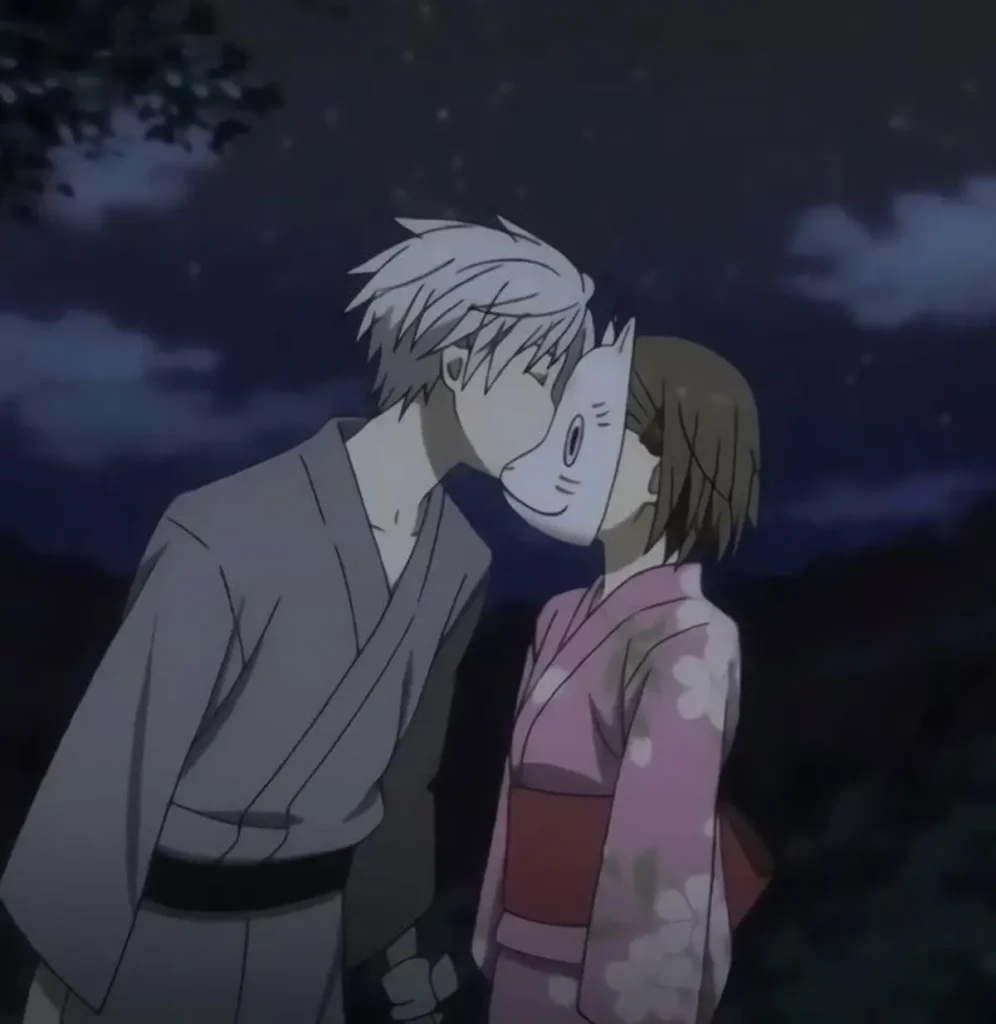 Gin and Hotaru share a bittersweet masked kiss under the night sky in Hotarubi no Mori e.