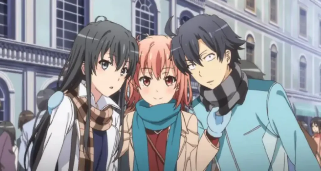 Yukino Yukinoshita, Yui Yuigahama, and Hachiman Hikigaya standing close together in winter clothes on a city street.