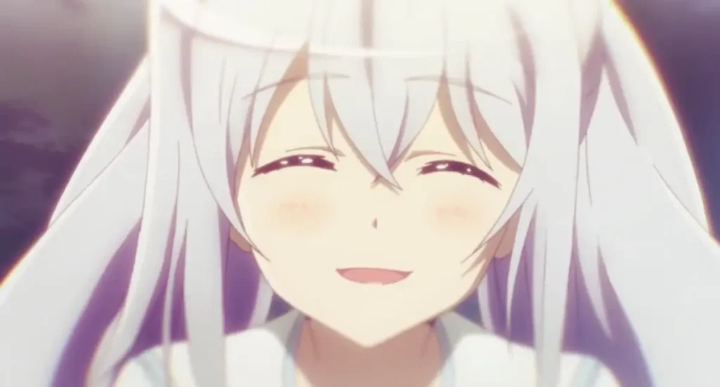 Isla smiling gently with closed eyes, her silver hair glowing in the light.