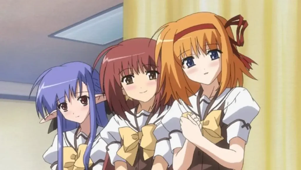 Three girls from School Days in school uniforms, standing close together with soft smiles.