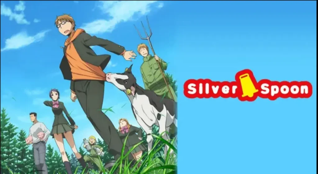 Yuugo Hachiken being chased by a cow while classmates watch in a comedic farm scene.