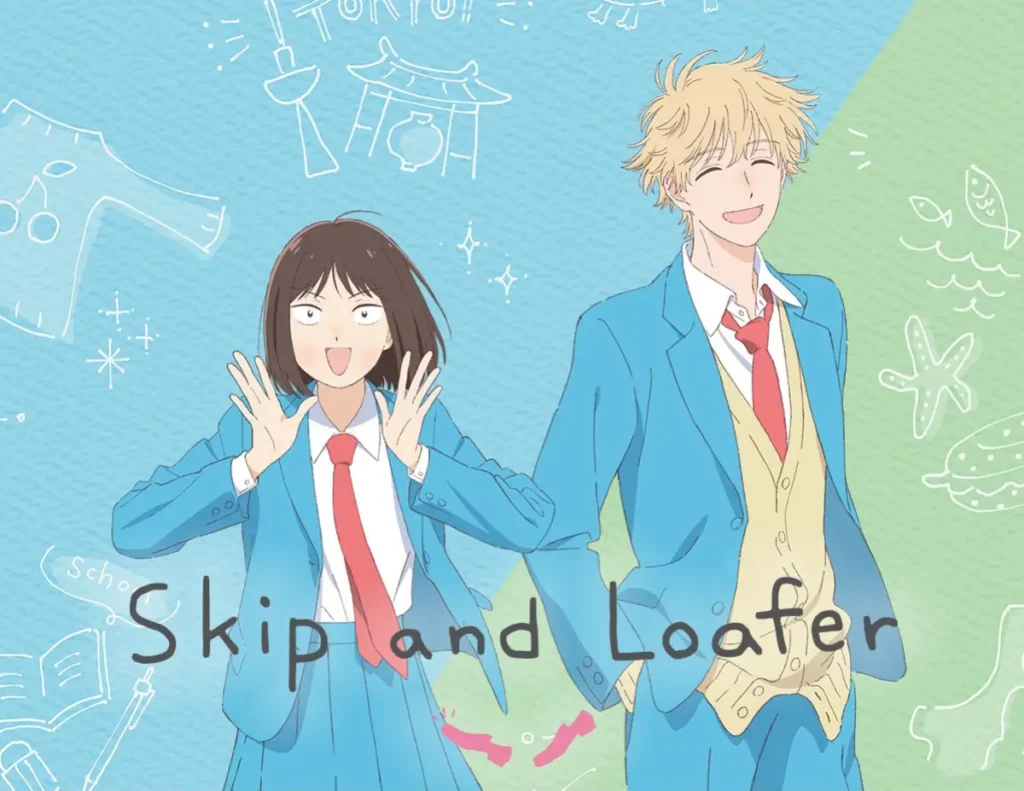 Mitsumi and Sousuke in school uniforms smiling brightly with doodles in the background.