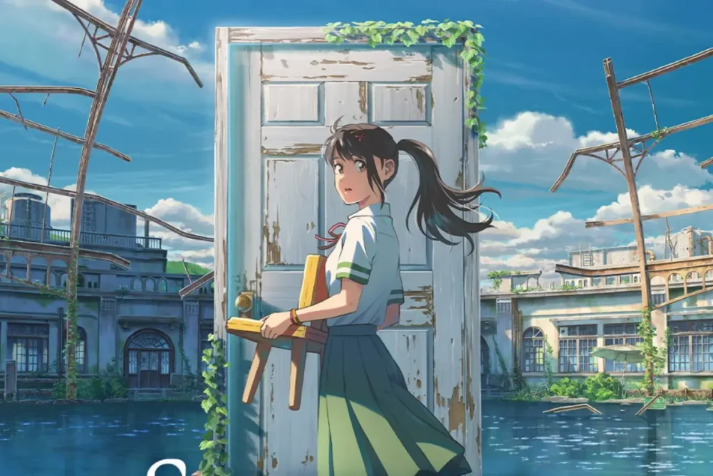 Suzume standing at a mysterious door holding a chair, with ruins in the background.