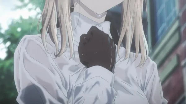 Violet Evergarden with papers flying around her, sunlight shining through the window as she writes letters.