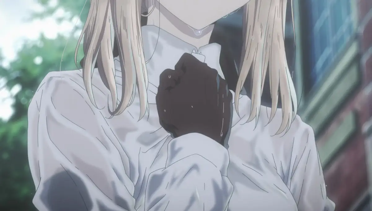 Violet Evergarden with papers flying around her, sunlight shining through the window as she writes letters.