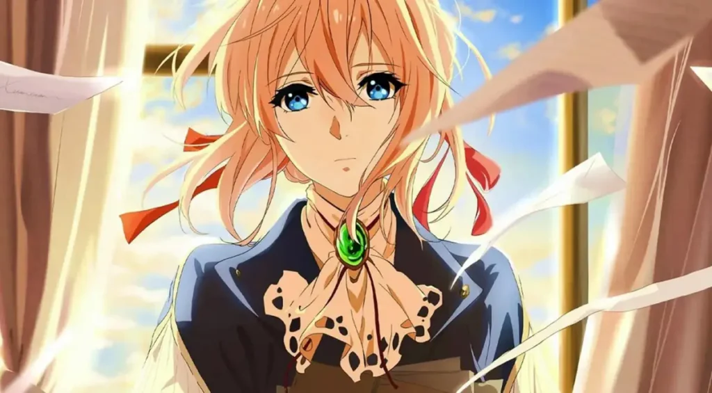 Close-up of Violet Evergarden clutching her chest with rain dripping down, showing deep emotion.