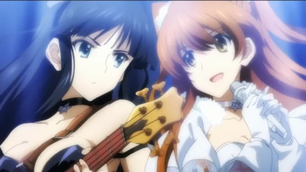 Setsuna Ogiso singing with a microphone while Kazusa Touma plays guitar.
