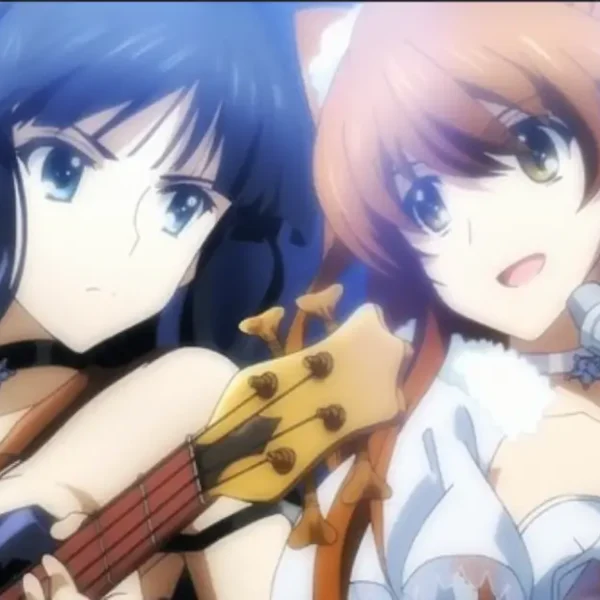 Setsuna Ogiso singing with a microphone while Kazusa Touma plays guitar.