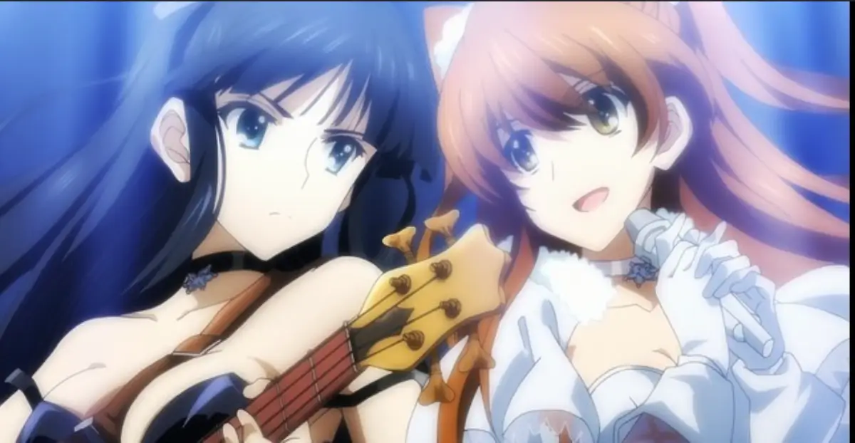 Setsuna Ogiso singing with a microphone while Kazusa Touma plays guitar.