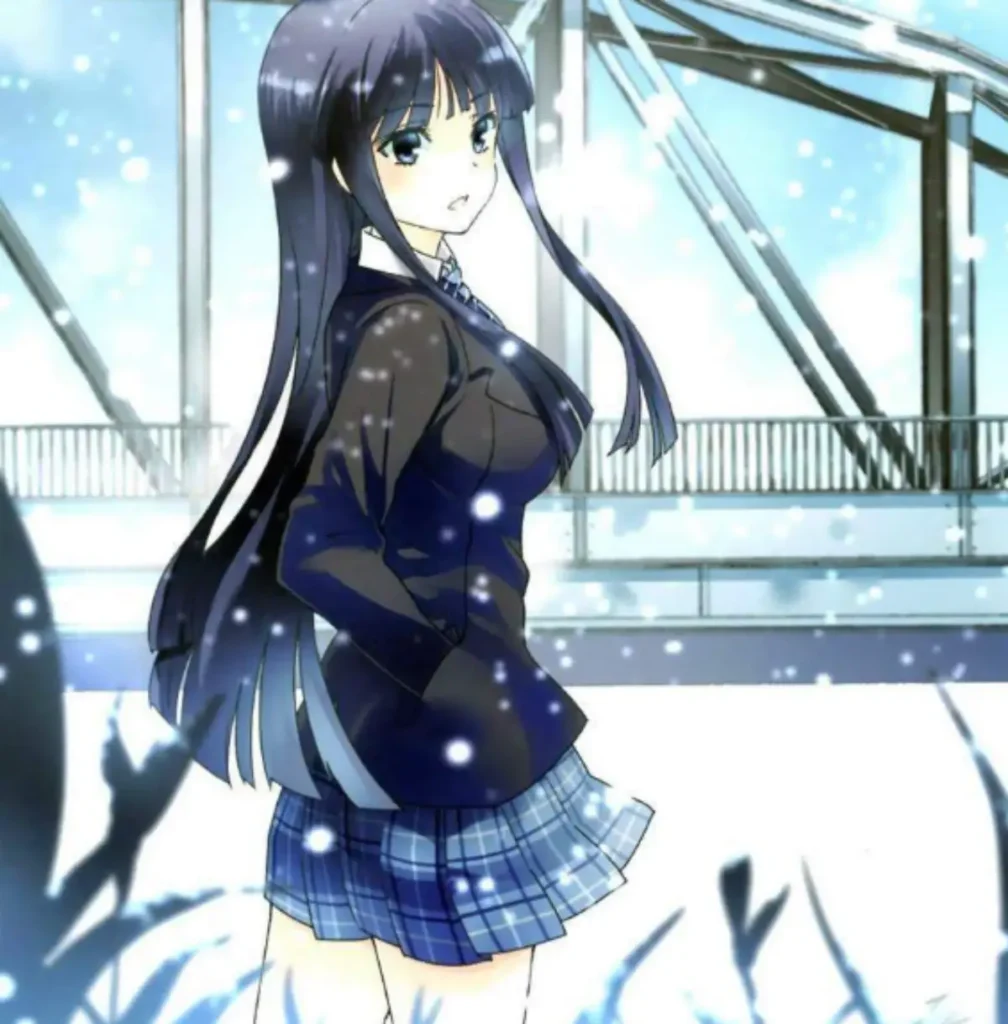 Setsuna Ogiso standing in the snow wearing a school uniform, looking back softly.