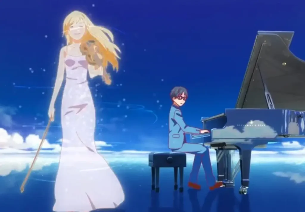 Kaori playing violin joyfully while Kousei plays piano under a starry sky.